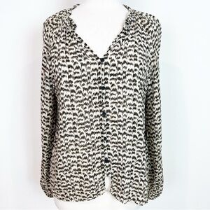 T TAHARI BROWN TAUPE PATTERN LONG SLEEVE BUTTON FRONT V-NECK BLOUSE SZ MEDIUM